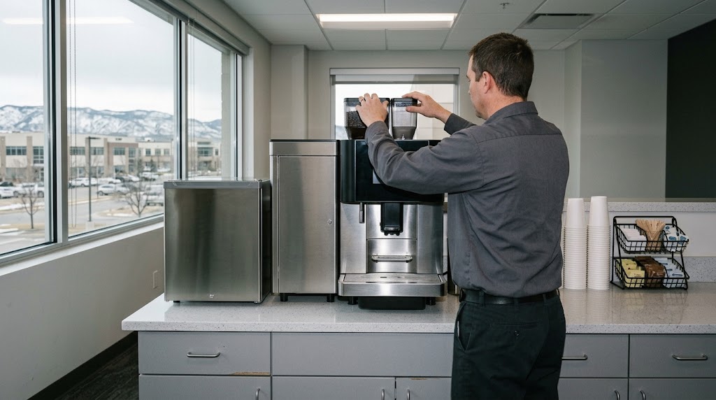 Worker refilling a self-serve bean-to-cup coffee machine.