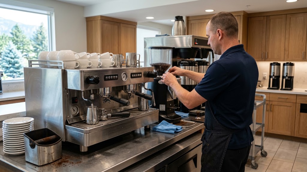 Staff member preparing espresso at an institutional coffee station