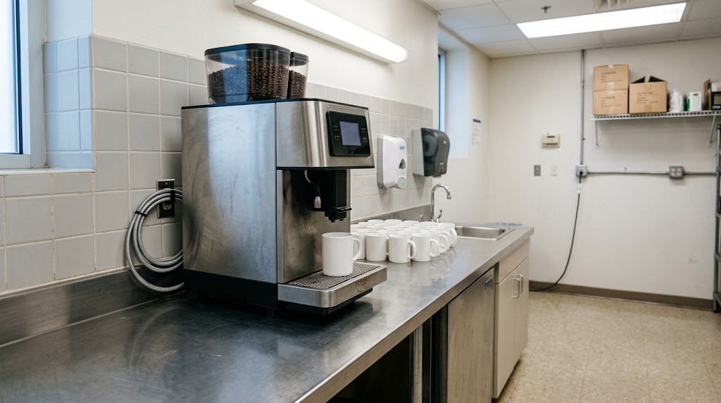 Bean-to-cup coffee machine in a healthcare staff break room.