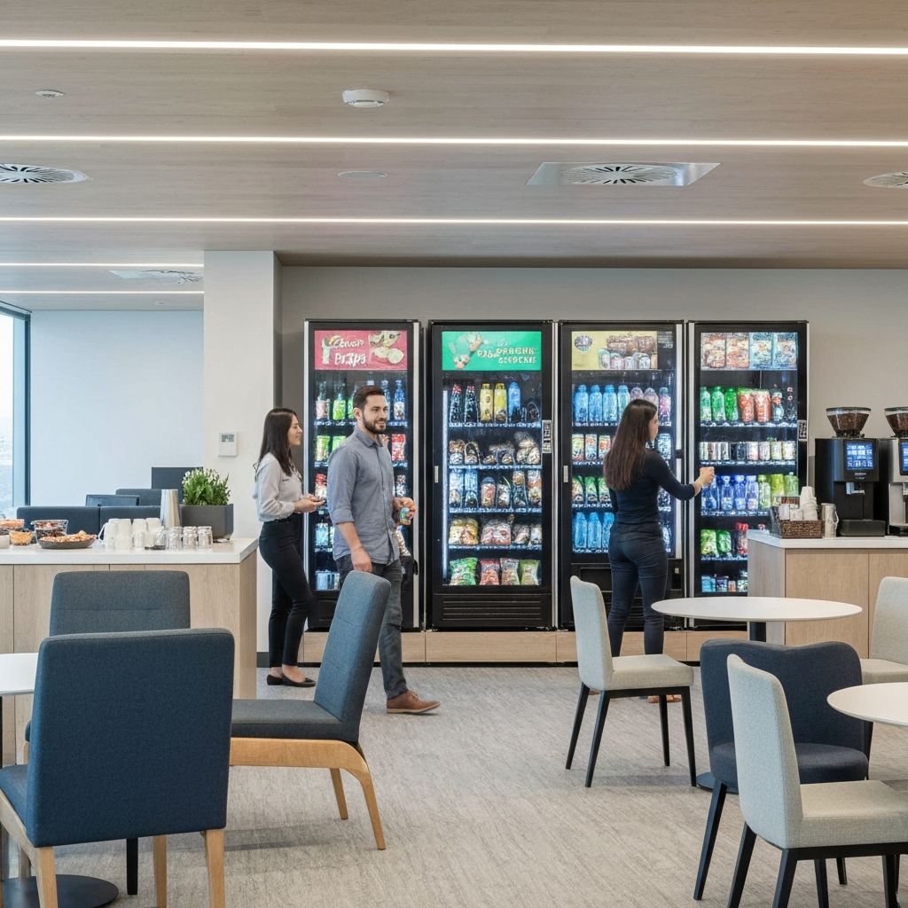 Office breakroom micro market with self-service coolers and coffee, illustrating the space a property contributes to the program