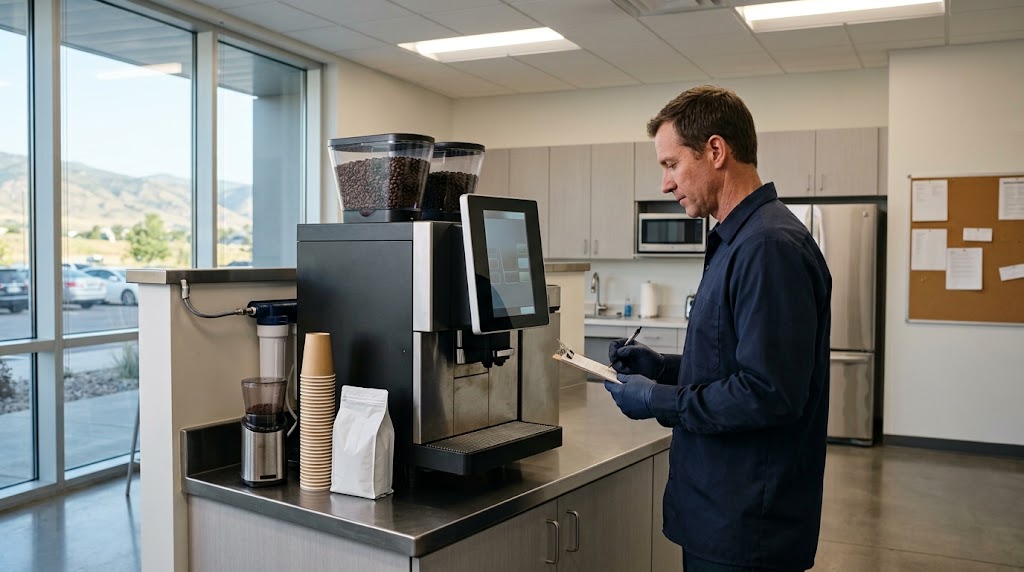 Technician inspecting a bean-to-cup coffee machine in an office breakroom.