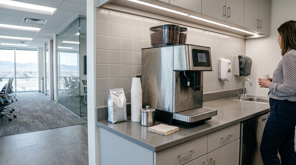 Bean-to-cup coffee machine in a corporate office breakroom.