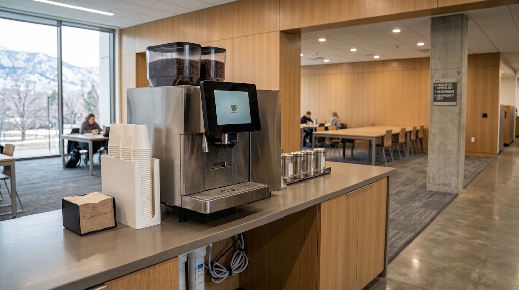 Self-serve bean-to-cup coffee station in a campus study space.
