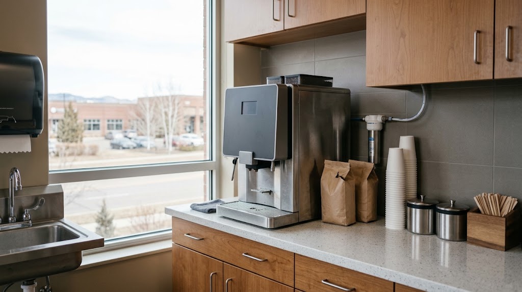 Bean-to-cup coffee station in an office breakroom.