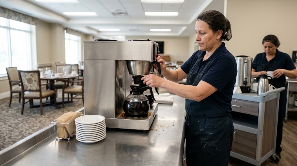 Dietary staff brewing coffee in a senior living dining room.