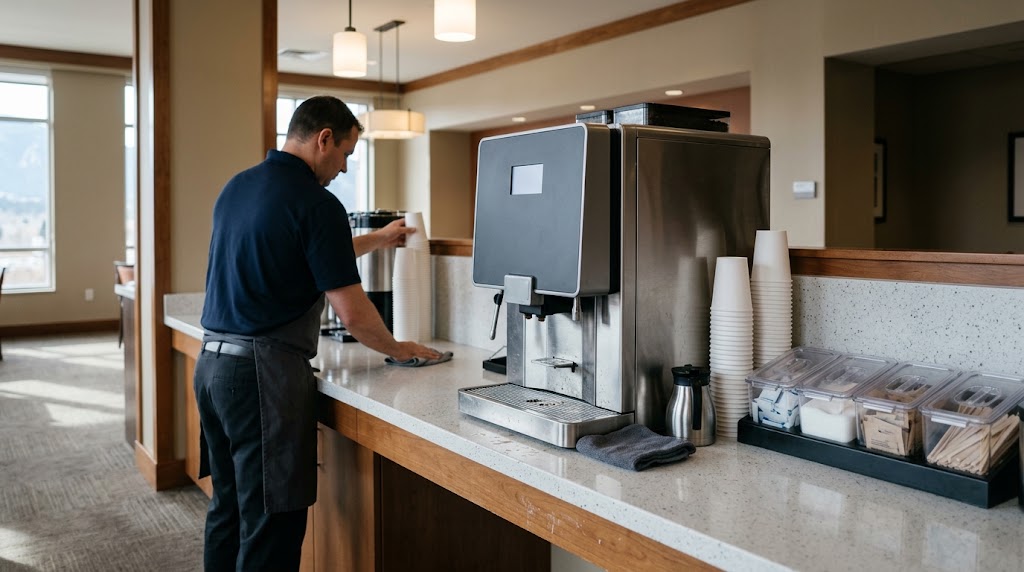 Hotel staff tidying a self-serve bean-to-cup coffee station.