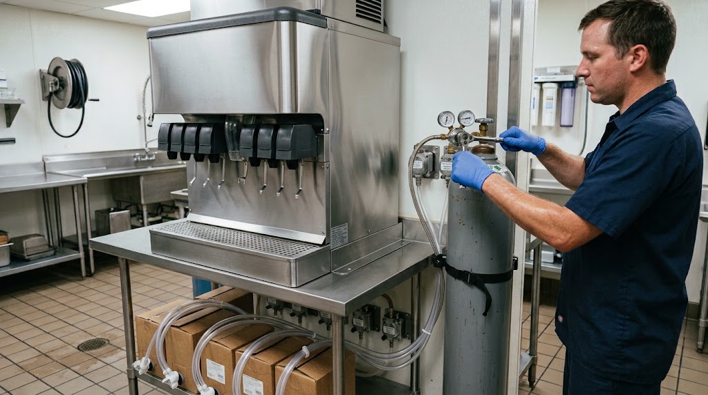 Technician servicing a post-mix fountain system's CO2 and syrup setup.